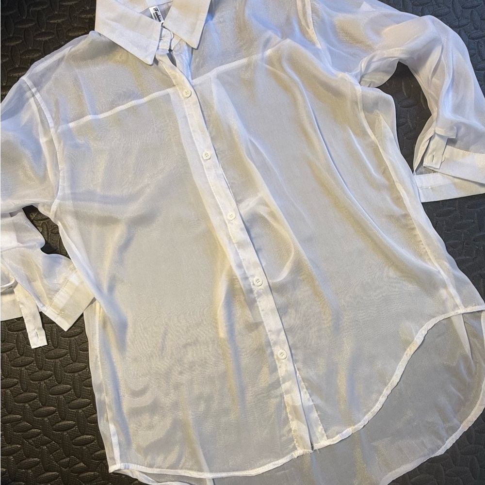 Women’s Sheer White Button Down Shirt With Roll Tab Sleeves Size Large